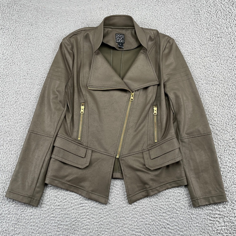 Clara Sunwoo Moto Jacket Womens Small Brown Asymmetrical Zip Faux Leather Coat